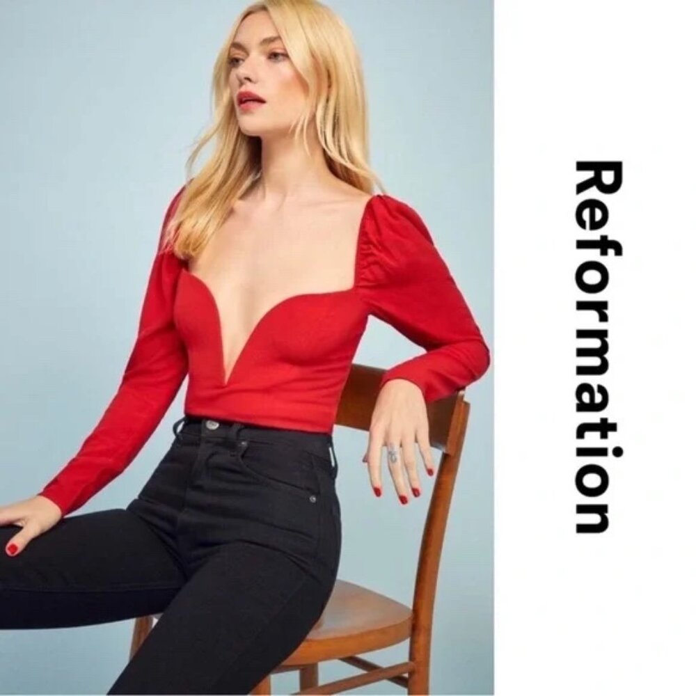 REFORMATION Women Roma Red Plunge Puff Long Sleeve Top Size 4